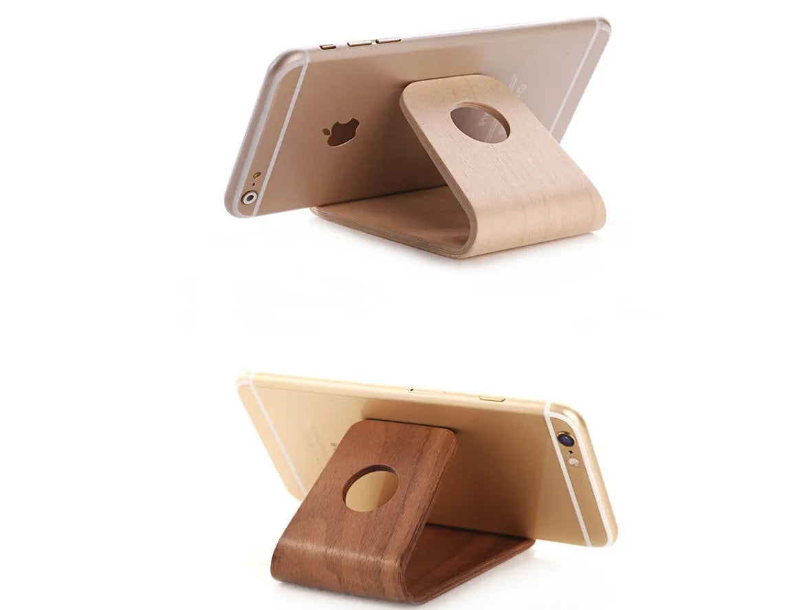 Wooden iPhone stand in walnut or maple finish showing angled bracket design