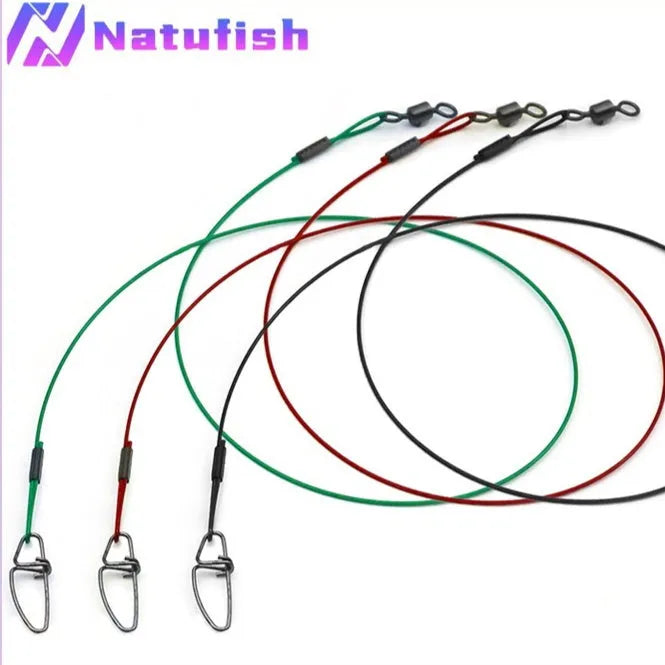 Set of ten green anti-bite steel wire fishing leaders with double buckle pins, each 54cm long.