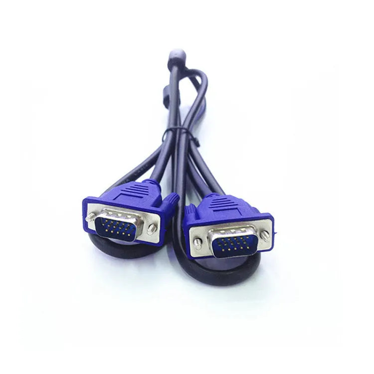 Black VGA cable with blue moulded connectors, 1.5 metres long, for connecting a computer to a monitor or TV.