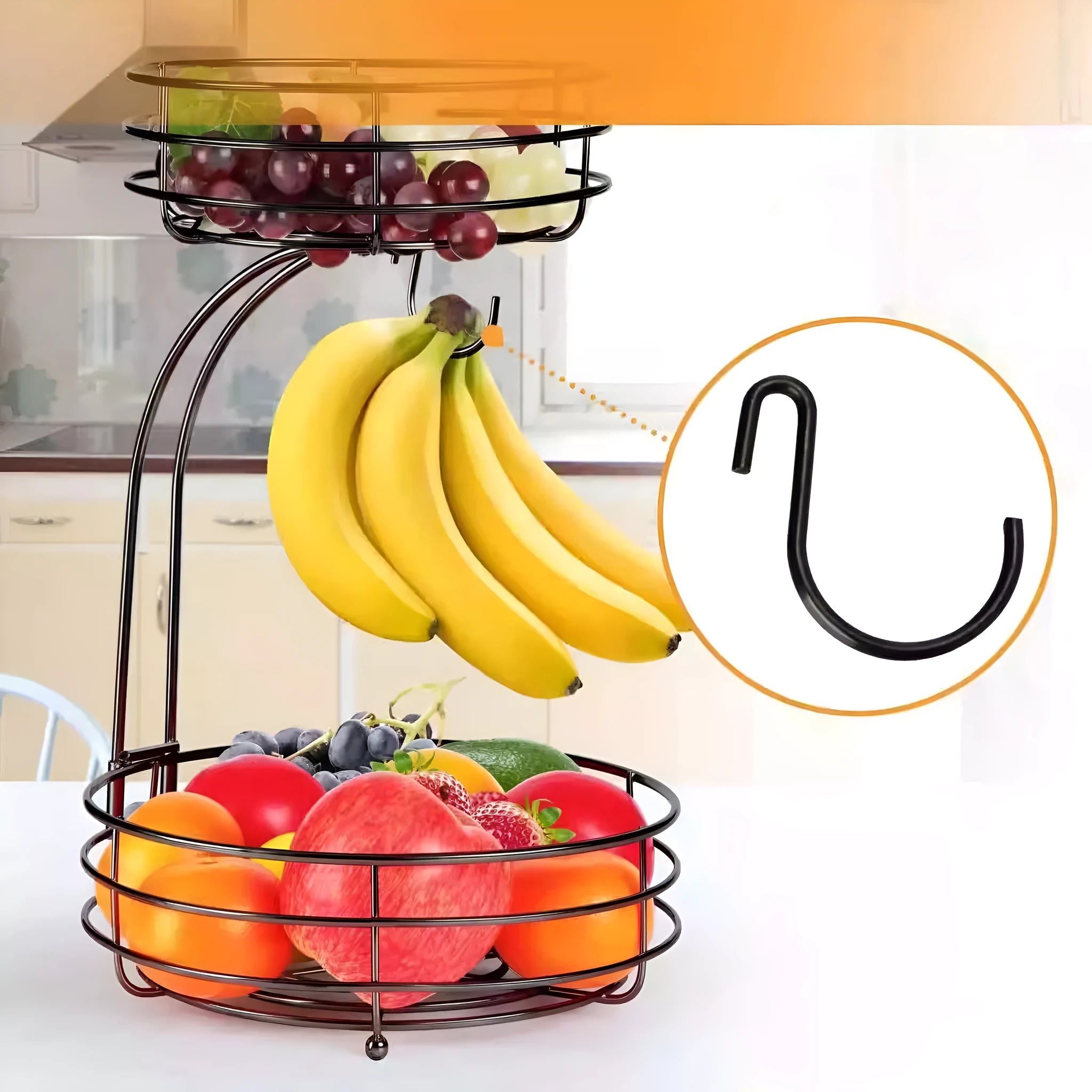 Wrought iron double-layer fruit storage basket in black or gold colour.