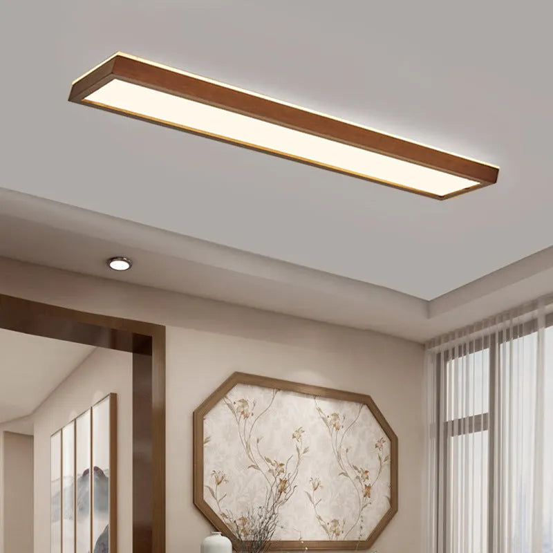 Solid wood long linear ceiling lamp in new Chinese style, shown in multiple length options.