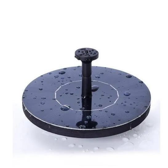 Black solar-powered floating water fountain pump with four spray nozzles on a 16cm square base.