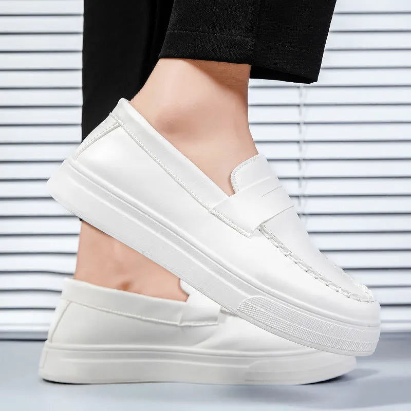 Men's casual leather slip-on shoes with round toe in black and white, khaki, or white options
