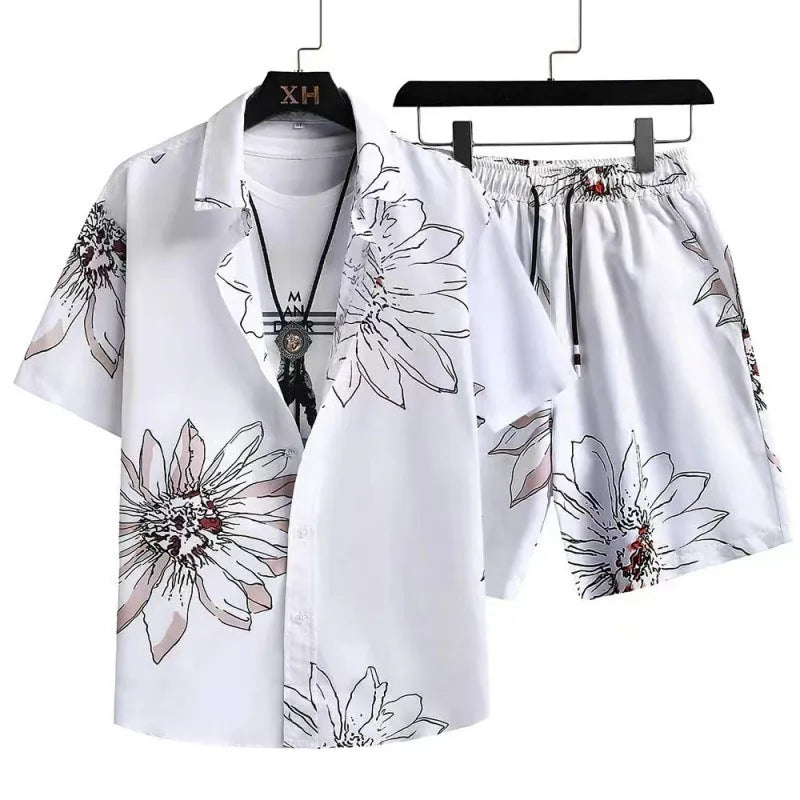 Men's casual cardigan suit set with digital printed short sleeve shirt and elastic shorts in polyester fabric