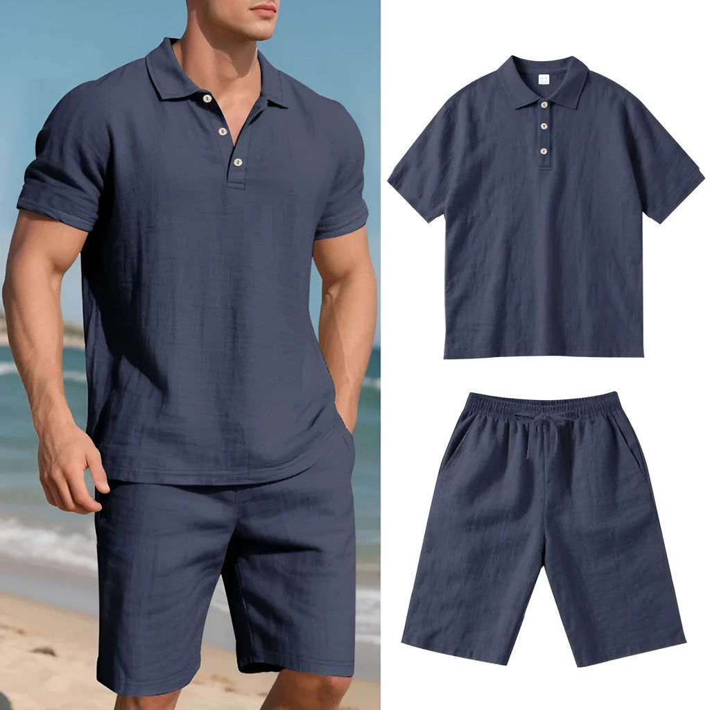 Men's loose fit apricot linen blend short sleeve shirt and shorts set for summer
