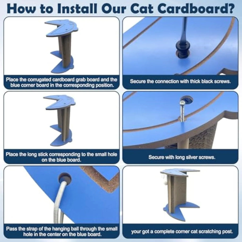 Grey cardboard cat scratching pad in a room corner with a hanging ball attached.