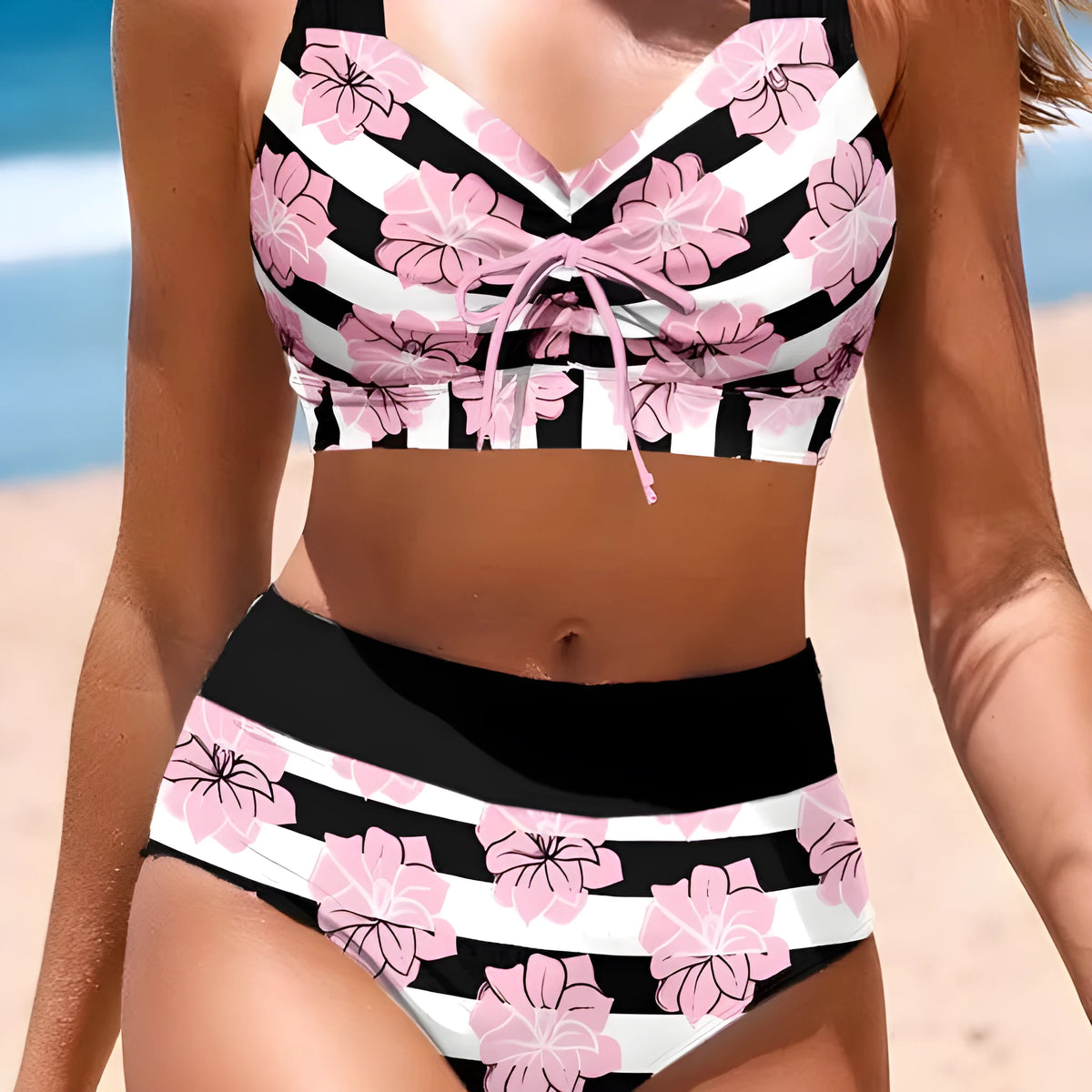 Black women's high-waisted bikini with a slimming belly-covered brief and split top.