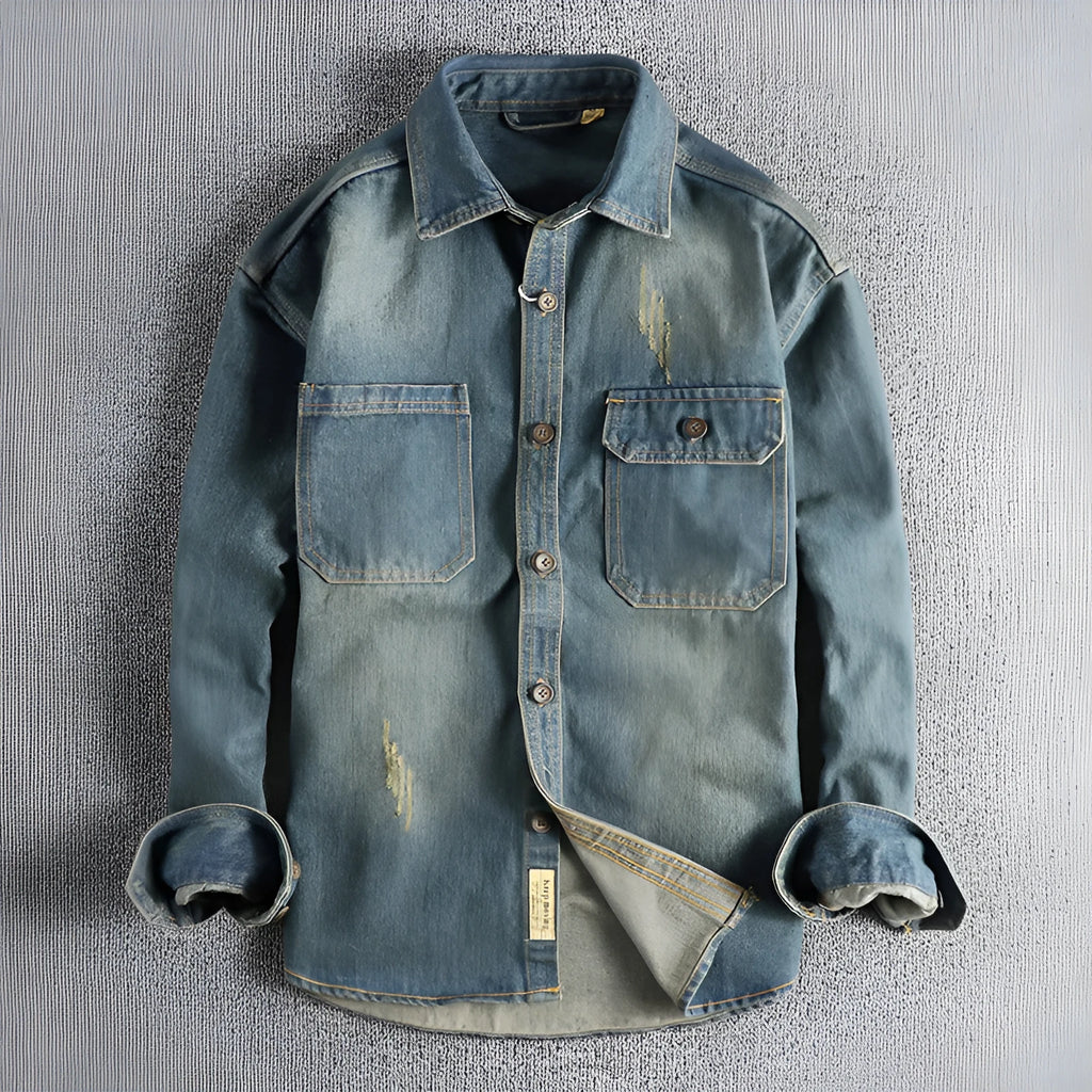 Men's light blue washed vintage denim shirt with loose cardigan fit and long sleeves