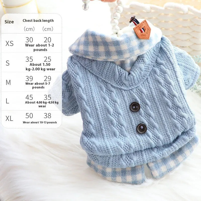 Blue wool plaid dog sweater with faux two-piece design and fleece lining for small to extra large dogs