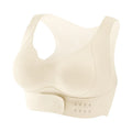 Women's front-fastening yoga sports bra in black, white, or nude with shaping 3/4 cups and double straps.