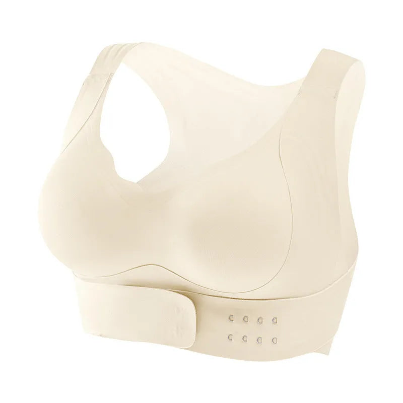 Women's front-fastening yoga sports bra in black, white, or nude with shaping 3/4 cups and double straps.