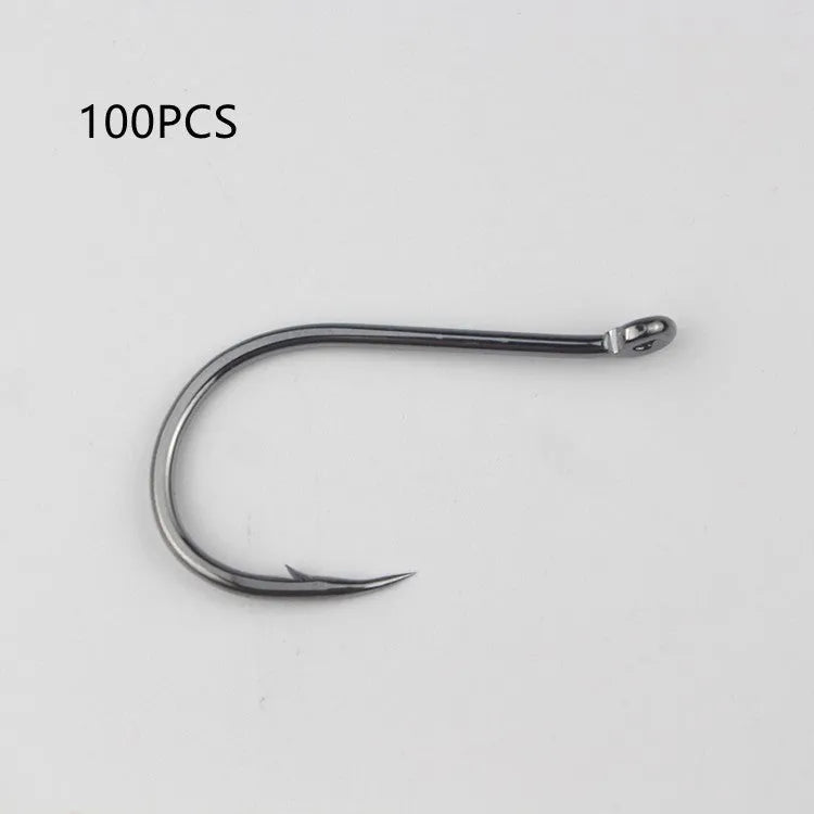 A selection of barbed, crooked mouth fishing hooks with ring holes made from alloy carbon steel.