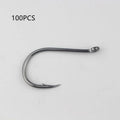 A selection of barbed, crooked mouth fishing hooks with ring holes made from alloy carbon steel.