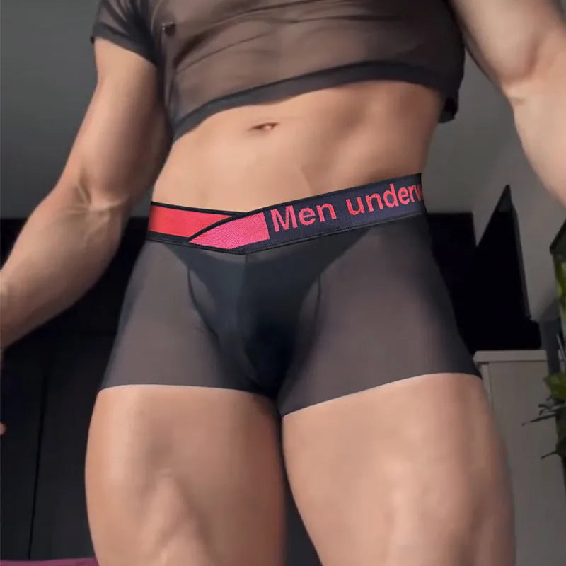 Men's low waist nylon underwear with gradient laser print in black, red, or white.