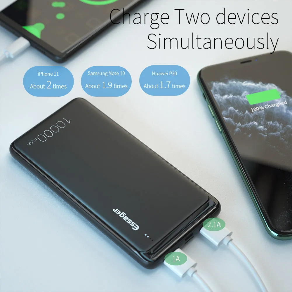 Essager Small Jane black 10000mAh portable power bank with dual USB ports and LED indicators