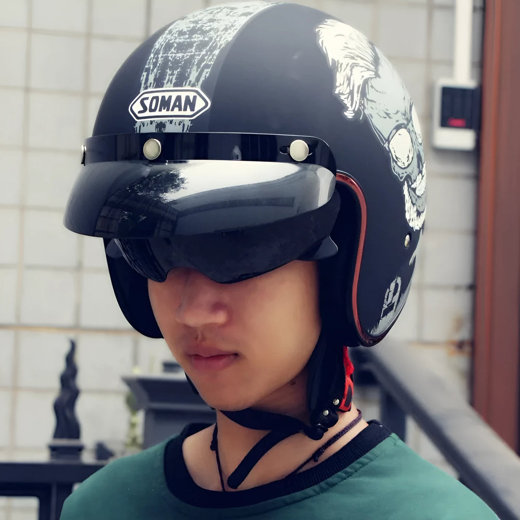 Retro-style half riding helmet in ABS plastic shown in orange and black colour scheme.
