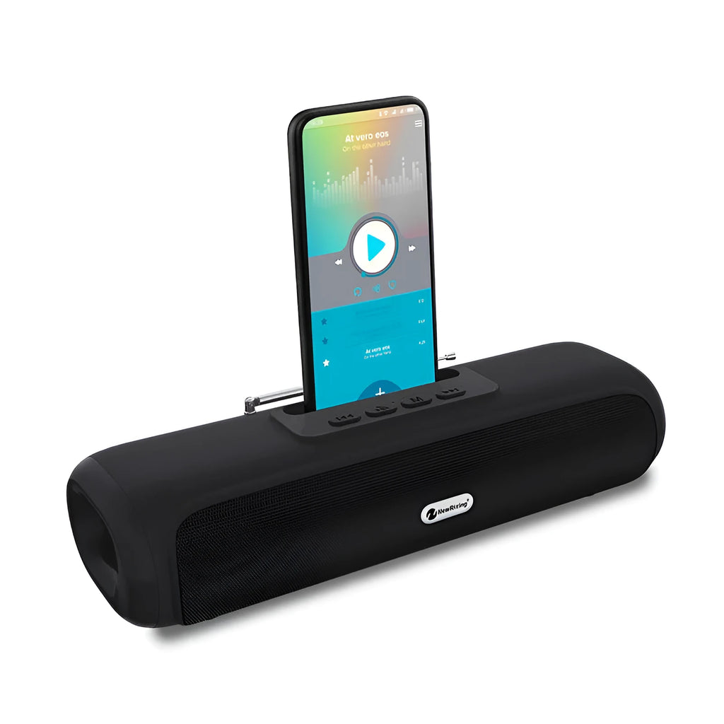 Long strip wireless desktop subwoofer speaker in black, blue, red, or silver grey finishes.