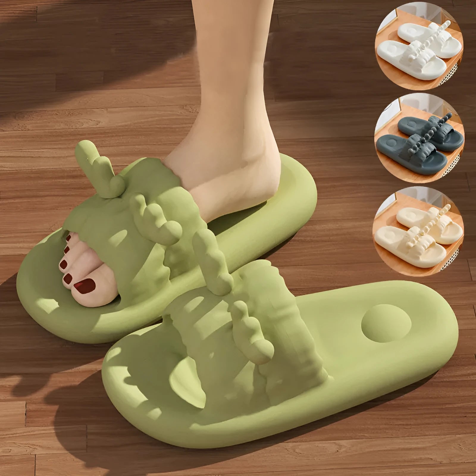 Pair of light-coloured EVA flip flop slippers with hollow-out design and textured sole.