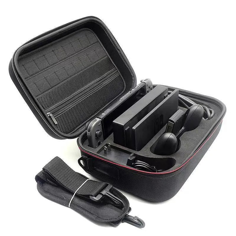 Black EVA game console storage bag with offset print design available in two sizes for hardware protection
