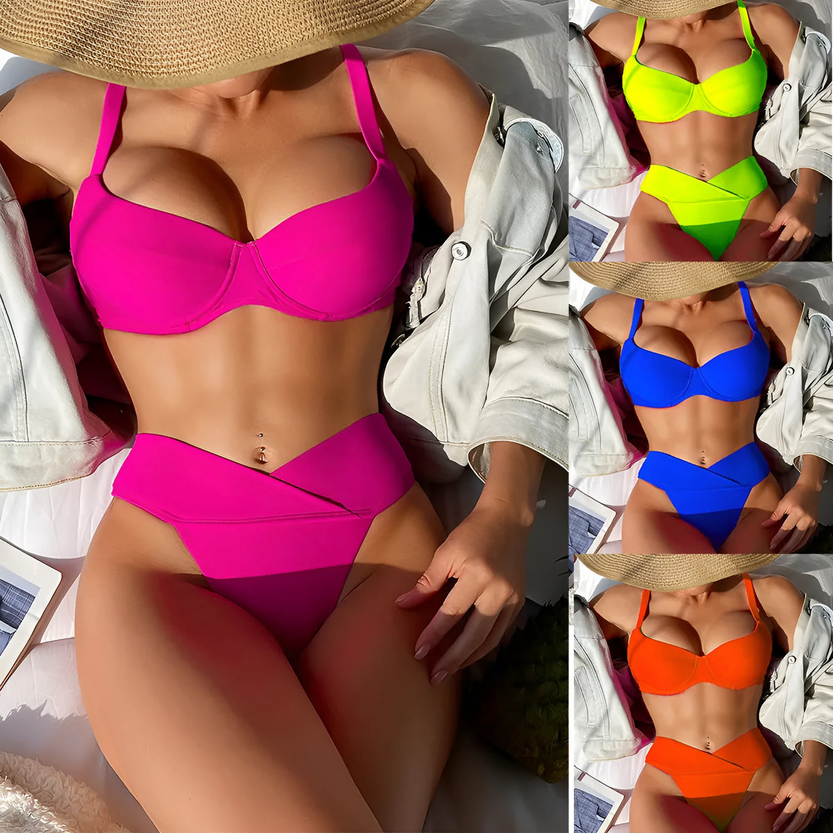 Solid colour briefs style bikini swimsuit in fluorescent pink on a mannequin.