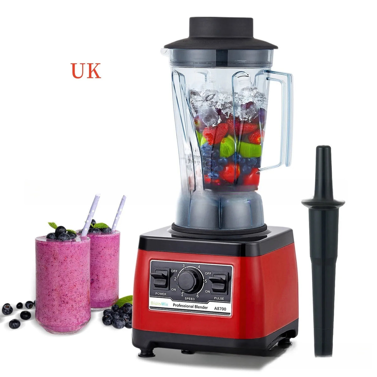 Red commercial blender with stainless steel jug, model A8700, on a countertop.