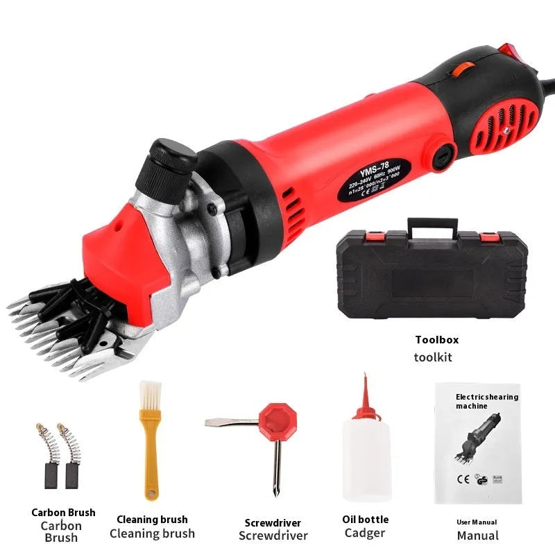 Yellow electric wool shearing machine with 13-tooth blade and multiple accessory sets in plastic storage box