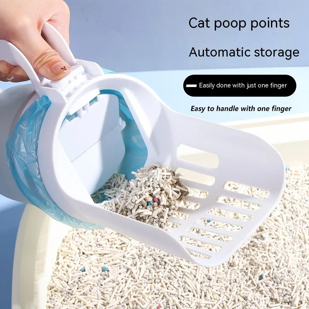 Grey widen cat litter scoop with attached waste bin and foldable bottom, shown with refill bags.