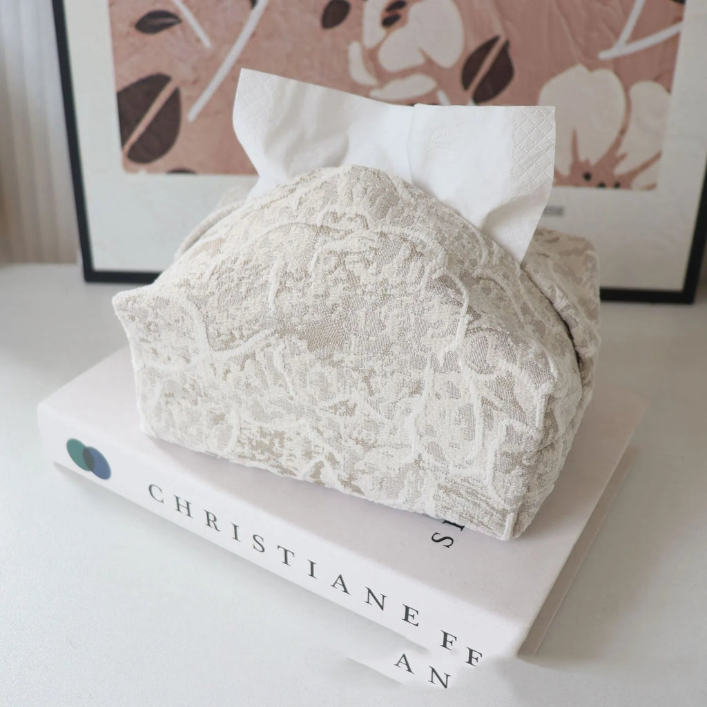 Cotton fabric floral tissue box cover in Chinese pastoral style on a table.