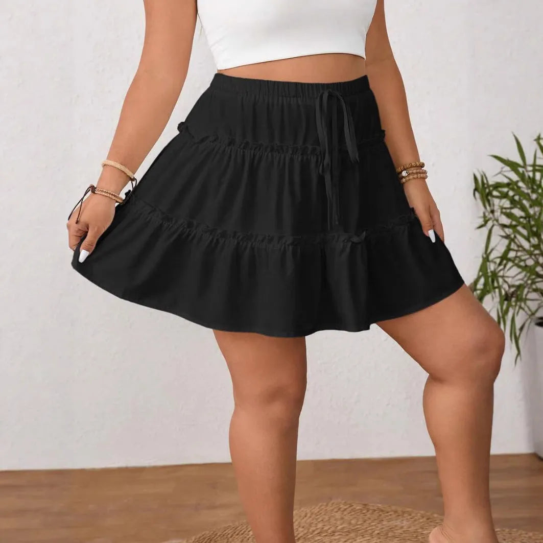 White sweet style A-line short skirt with front lace-up detail and pleats.