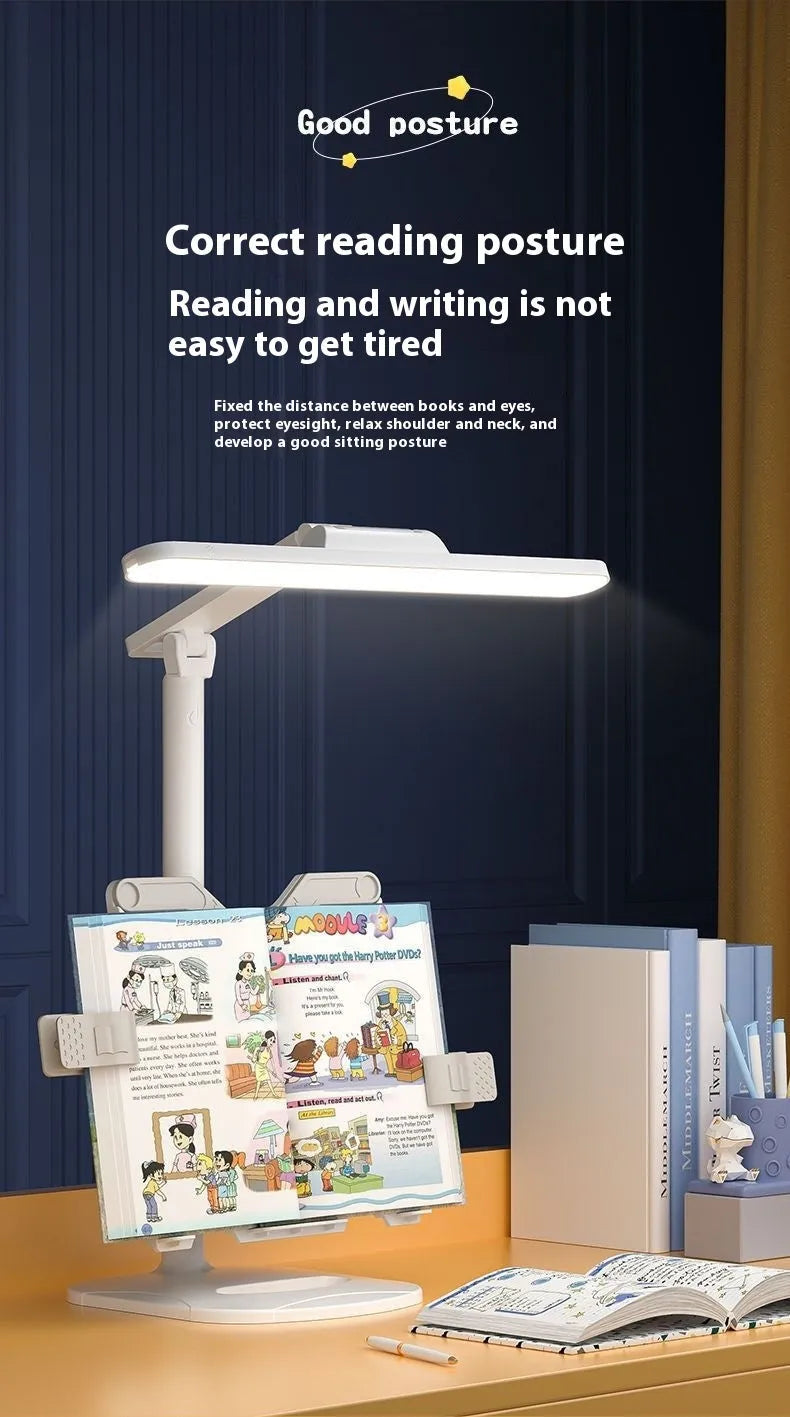 Adjustable LED table lamp with bookshelf design showing three colour temperature settings and charging cable