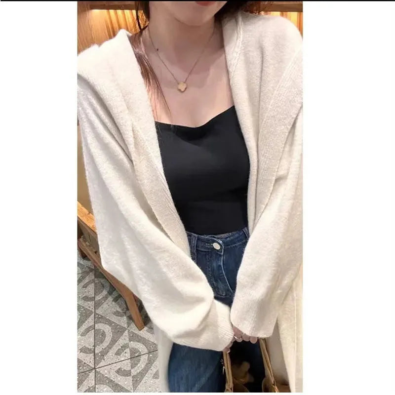 Korean idle style hooded long cardigan in wool blend polyester fabric below-the-knee length