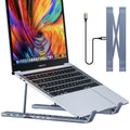 Aluminium folding laptop stand with integrated 8-in-1 docking hub showing ports and 0.6m cable