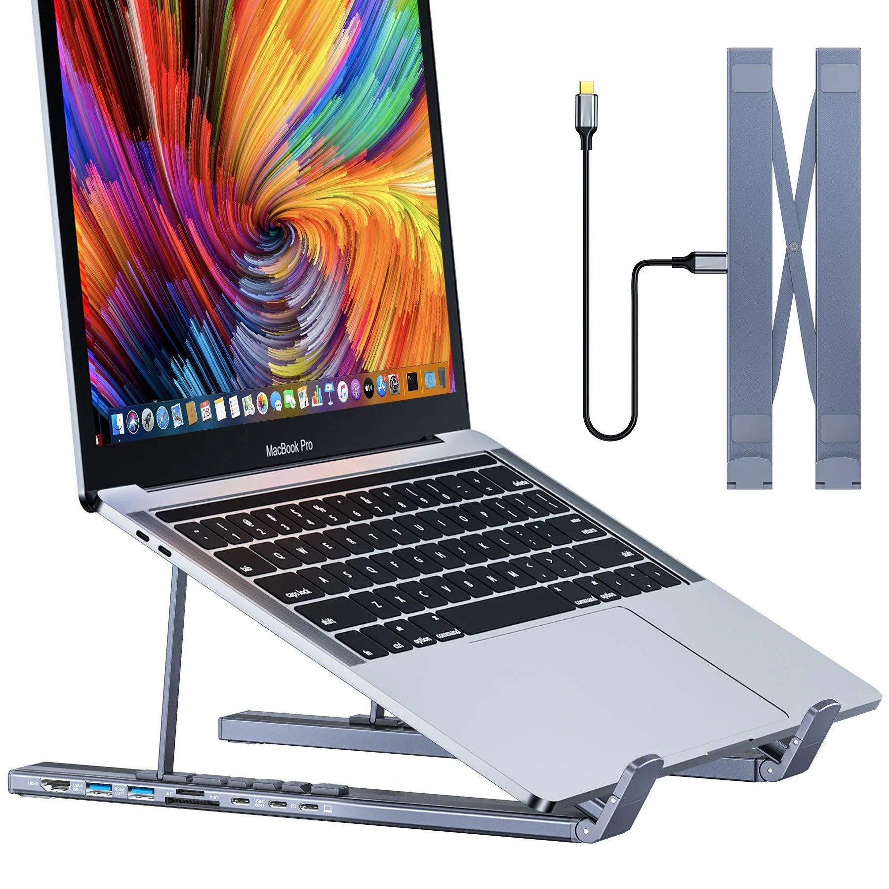 Aluminium folding laptop stand with integrated 8-in-1 docking hub showing ports and 0.6m cable