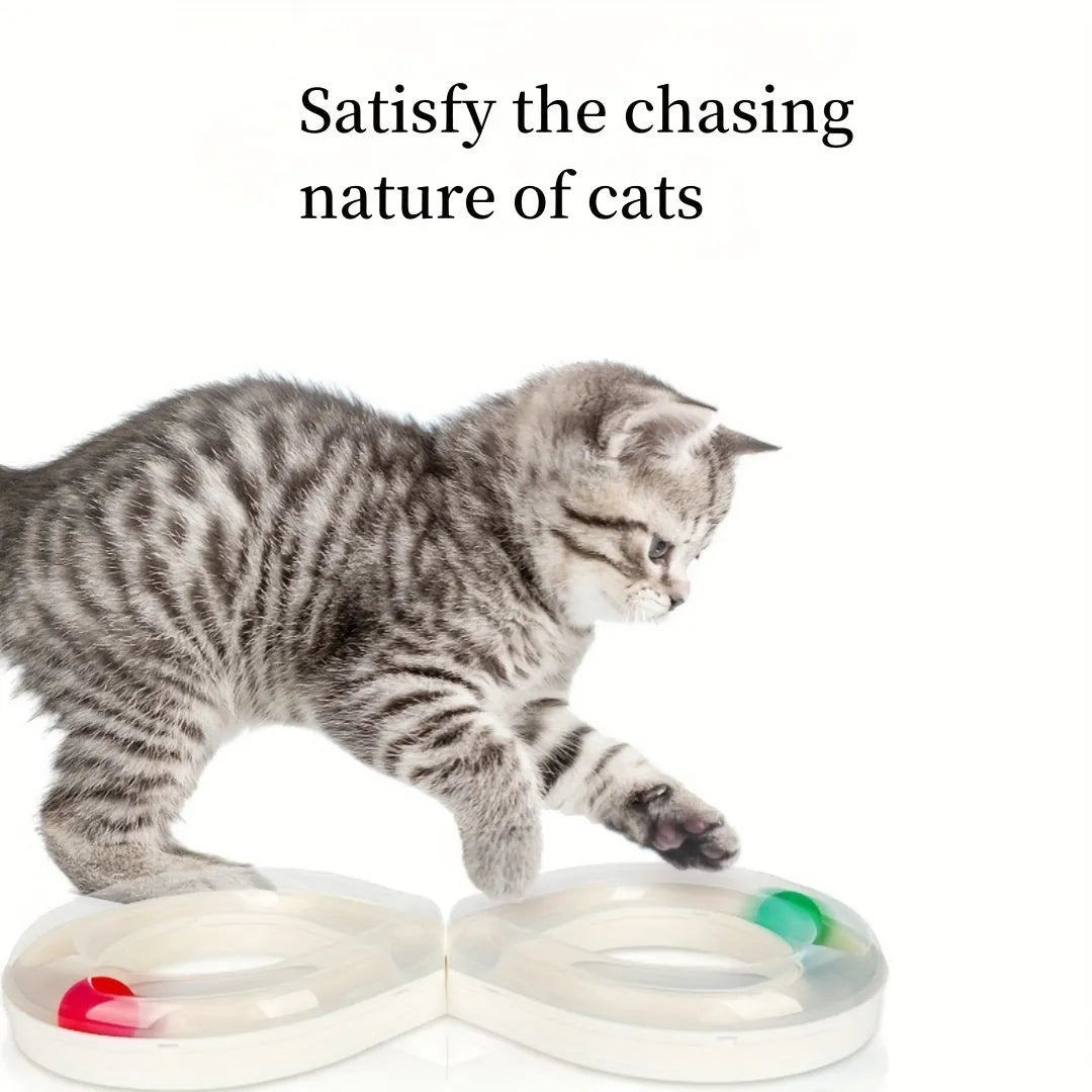 Blue and white cat turntable toy set with track balls and a feather teaser stick on a plain background.