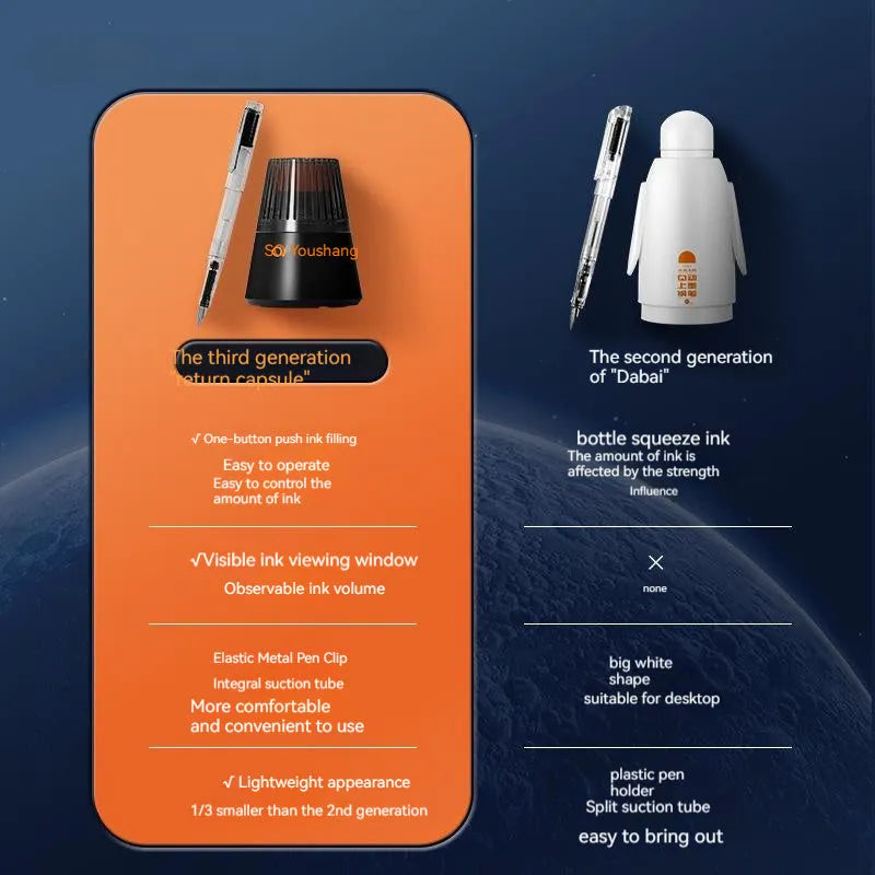 Automatic suction pen student writing set with plastic shell, two pen head sizes, and ink colour options