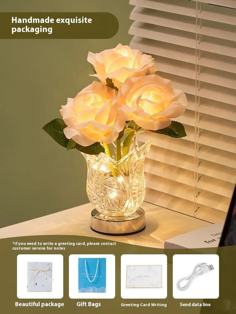 Modern crystal flowers design rechargeable touch table lamp on a bedside table.