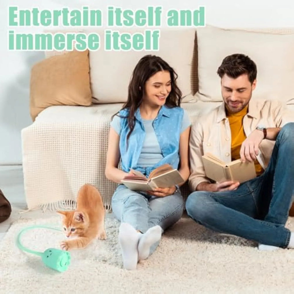 Rechargeable automatic cat toy wand with green silicone swinging tails for indoor cat play