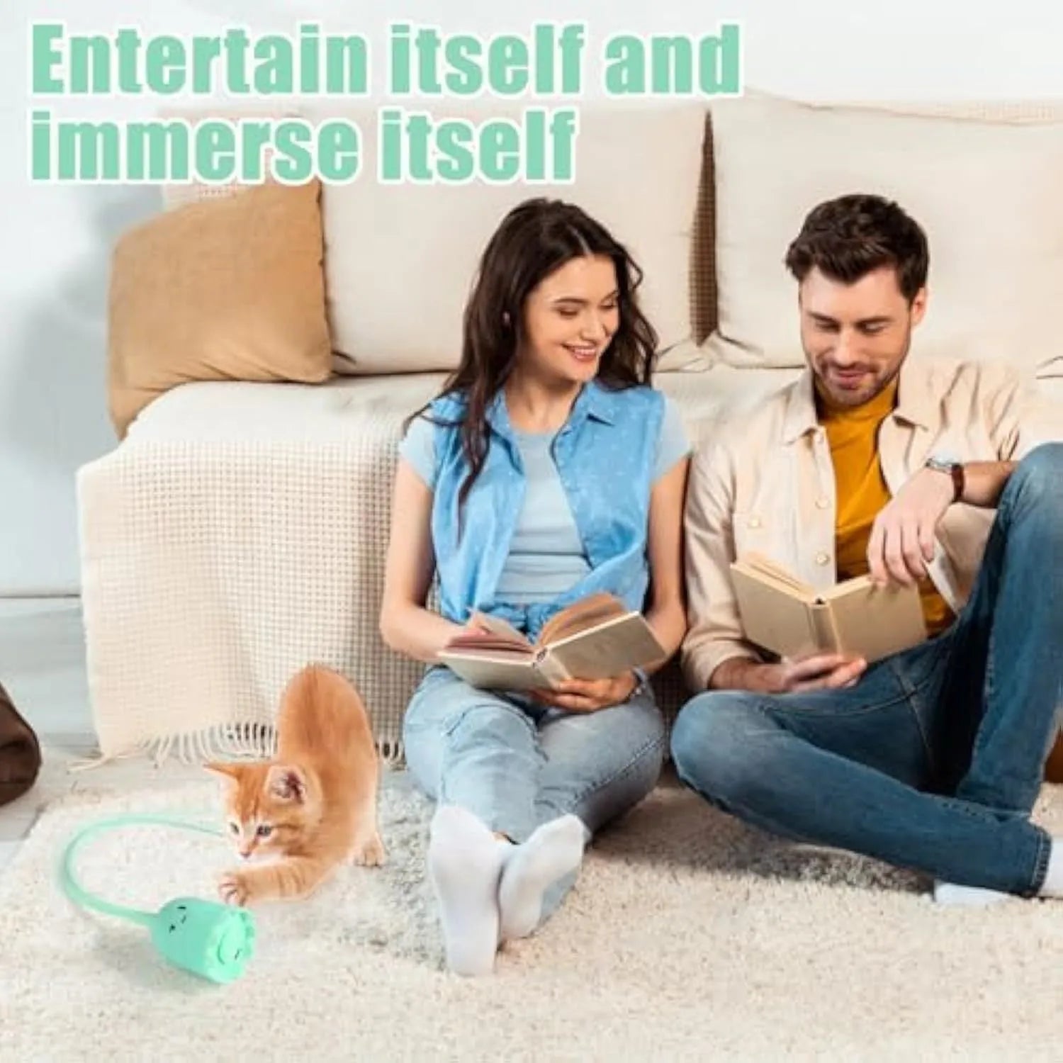 Rechargeable automatic cat toy wand with green silicone swinging tails for indoor cat play