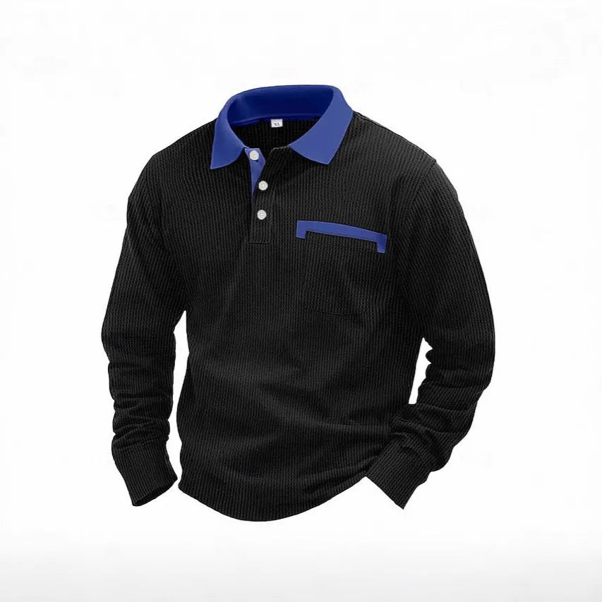 Men's long sleeve waffle polo shirt with asymmetric design in wine red colour