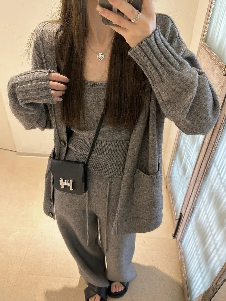 Women's knit cardigan and pants three-piece set in wool blend fabric shown in beige colour