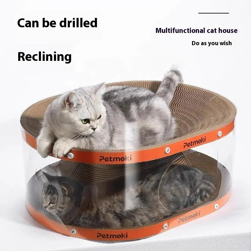 White transparent diamond pattern cat scratch board and tunnel nest combo for indoor use.