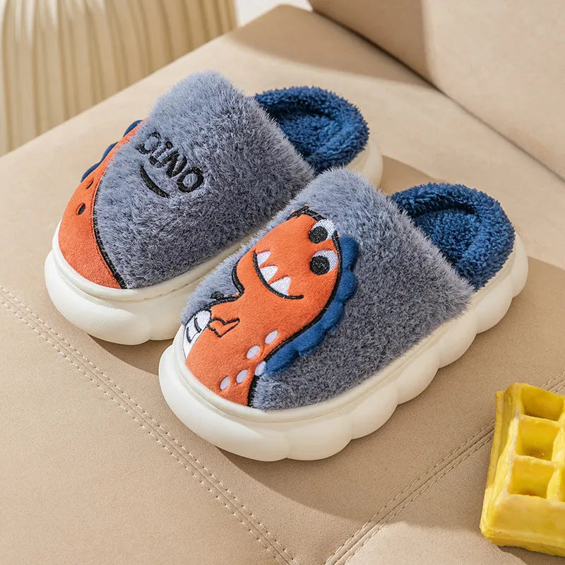 Plush cotton indoor slippers with dinosaur patterns in gray, coffee, and orange colour options