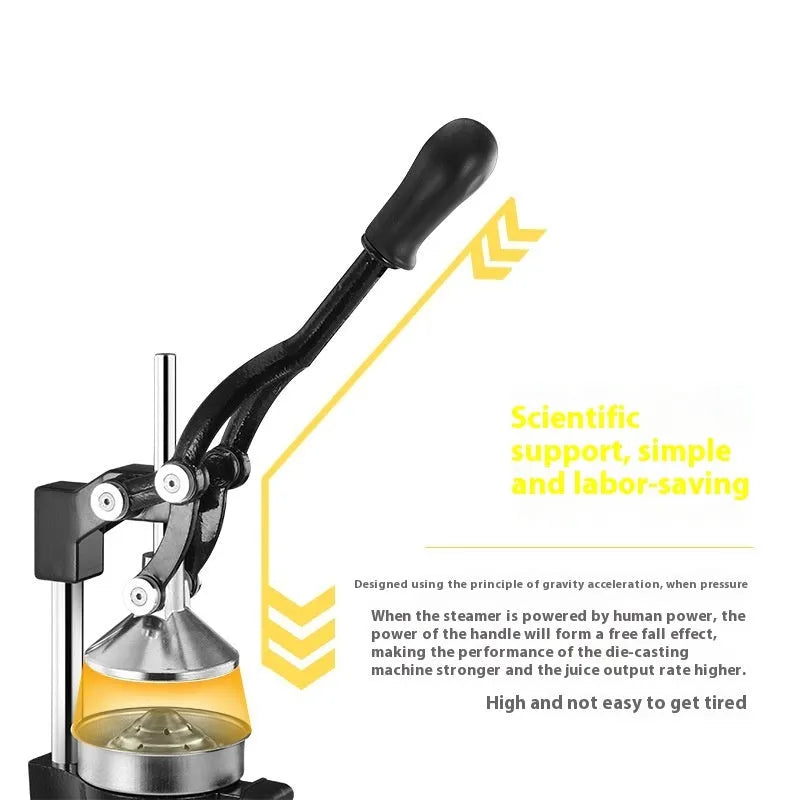 Black and white manual cast iron citrus juicer with stainless steel funnel on kitchen counter