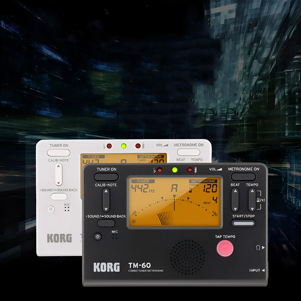TM-60 digital tuner metronome in black or white plastic shell with display and controls