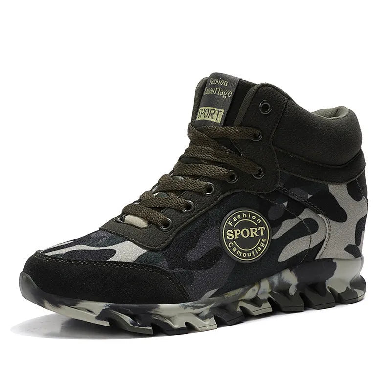 Green camouflage pattern women's canvas trainers with a raised rubber sole.