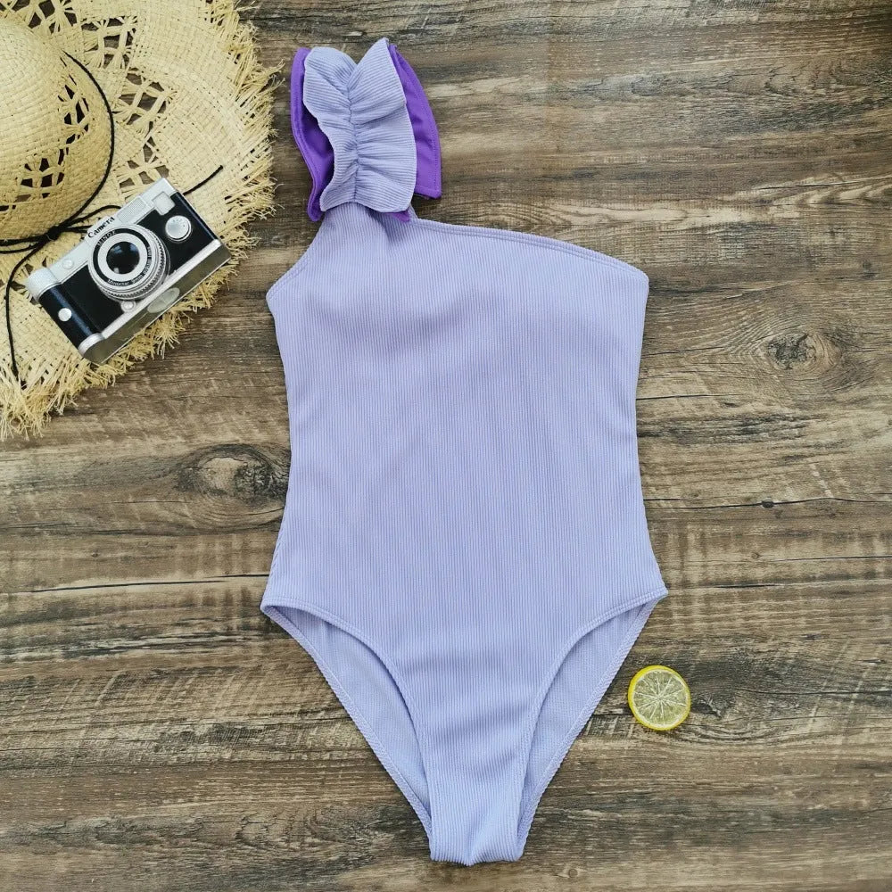 Women's solid color high waist one-piece swimsuit in polyester with sleeveless tight fit design