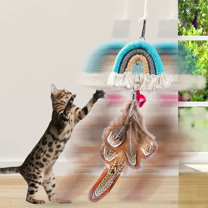 Feather cat rope toy with elastic door swing and sticky buckle clamp in blue colour