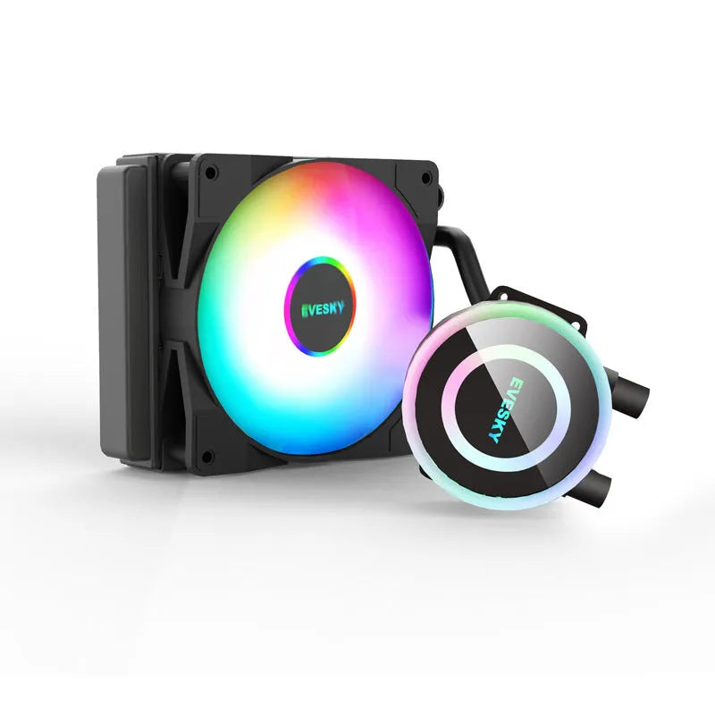 Aluminium CPU radiator with RGB fan, showing multi-angle adjustment and clean design for PC cooling.