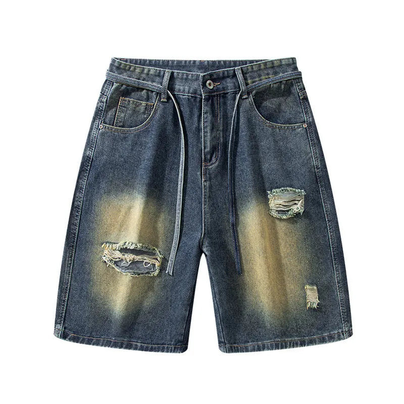 Retro blue loose fit distressed denim jeans with street style design