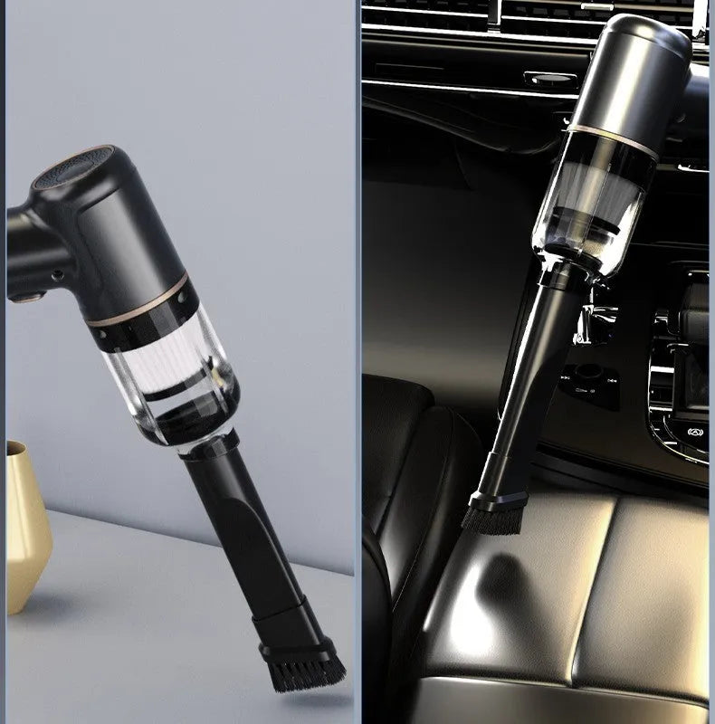 Black wireless car vacuum cleaner with multiple nozzle attachments and a USB charging cable on a car seat.